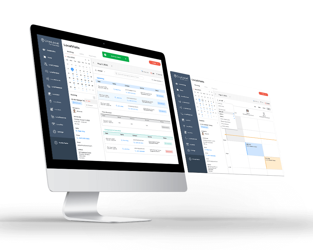 Screenshot of OneLocal LocalBookings Dashboard showing booking calendar and staff schedules