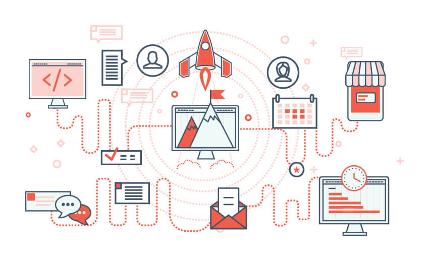 OneLocal illustration showing a connected system of business tools, communication, and performance insights