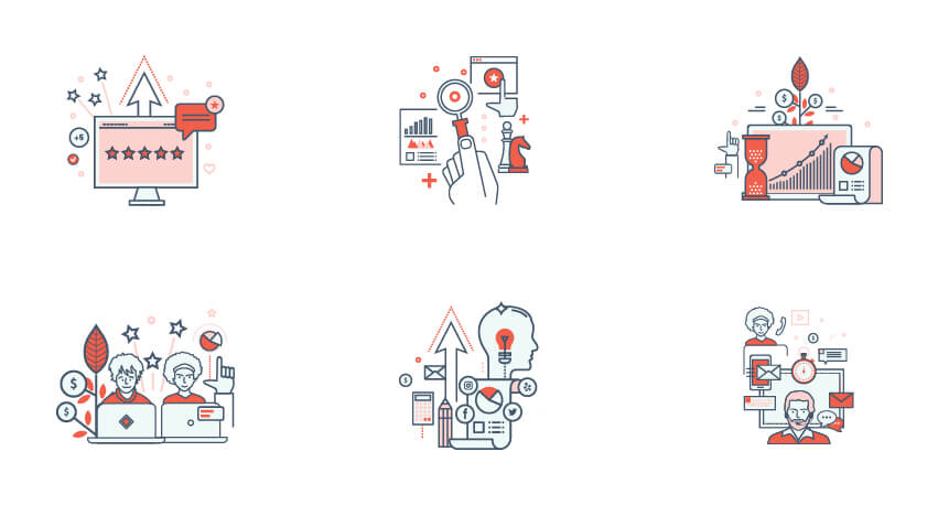 OneLocal illustration set depicting reviews, analytics, growth, teamwork, strategy, and customer communication
