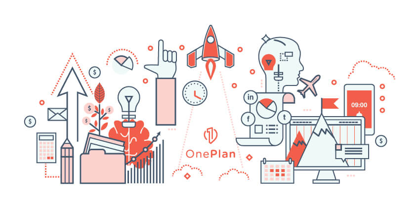 OneLocal OnePlan illustration representing marketing, growth, planning, and digital workflows