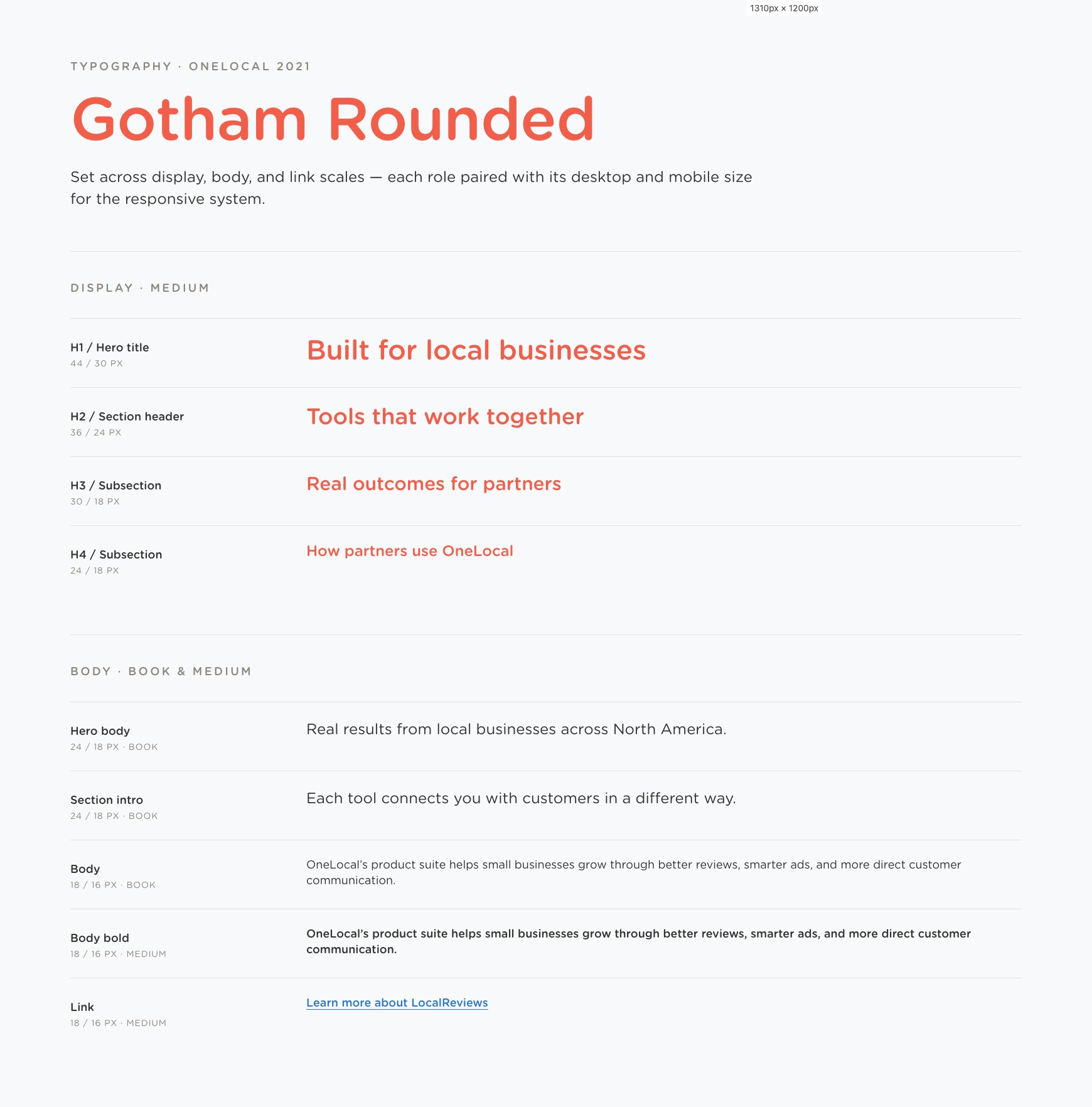 OneLocal 2021 brand typography specimen showing Gotham Rounded across display, body, and link scales with paired desktop and mobile sizes